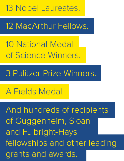 13 Nobel Laureates. 10 Rhodes Scholars. 12 MacArthur Foundation Fellow. 10 National Medal of Science Winners. 3 Pulitzer Prize Winners. A Fields Medal, and hundreds of recipients of Guggenheim, Sloan, Fulbright-Hays and leading academic grants, fellowships and awards