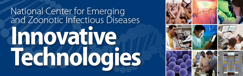 Cropped image of a book cover - blue background with the words National Center for Emerging and Zoonotic Infectious Diseases: Innovative Technologies. 9 square images to the right of the blue box show: people holding their hands up in happiness, lab vials in front of a glowy light, a female scientist studying a computer display, a cientist on the phone in his lab, a male scientist studying a computer display, two scientists reviewing information on dual computer monitors, a 3d rendering of a pathogen, a vet working on a sick dog, and a gene sequencing reading.