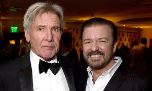 it’s Ford’s charisma we enjoy, not his whipcracking … Harrison Ford and Ricky Gervais at the Golden Globes after party.