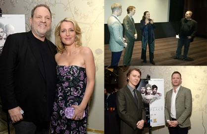 Harvey Weinstein, Gillian Anderson, Paul Dano, James Norton, and Greta Scacchi unveil "War & Peace" at the London on Monday night. (Michael Kovac/Getty Images(2), Wideshot Mikey Glazer)