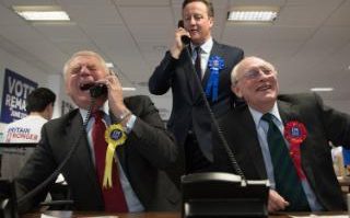 Comment: Prime Minister David Cameron helps to campaign for a 'Remain' vote in the forthcoming EU referendum at a phone centre in London along with fellow pro EU campaigners, Lord Ashdown (left) and Lord Kinnock