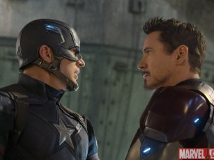 Still of Robert Downey Jr. and Chris Evans in Captain America: Civil War (2016)