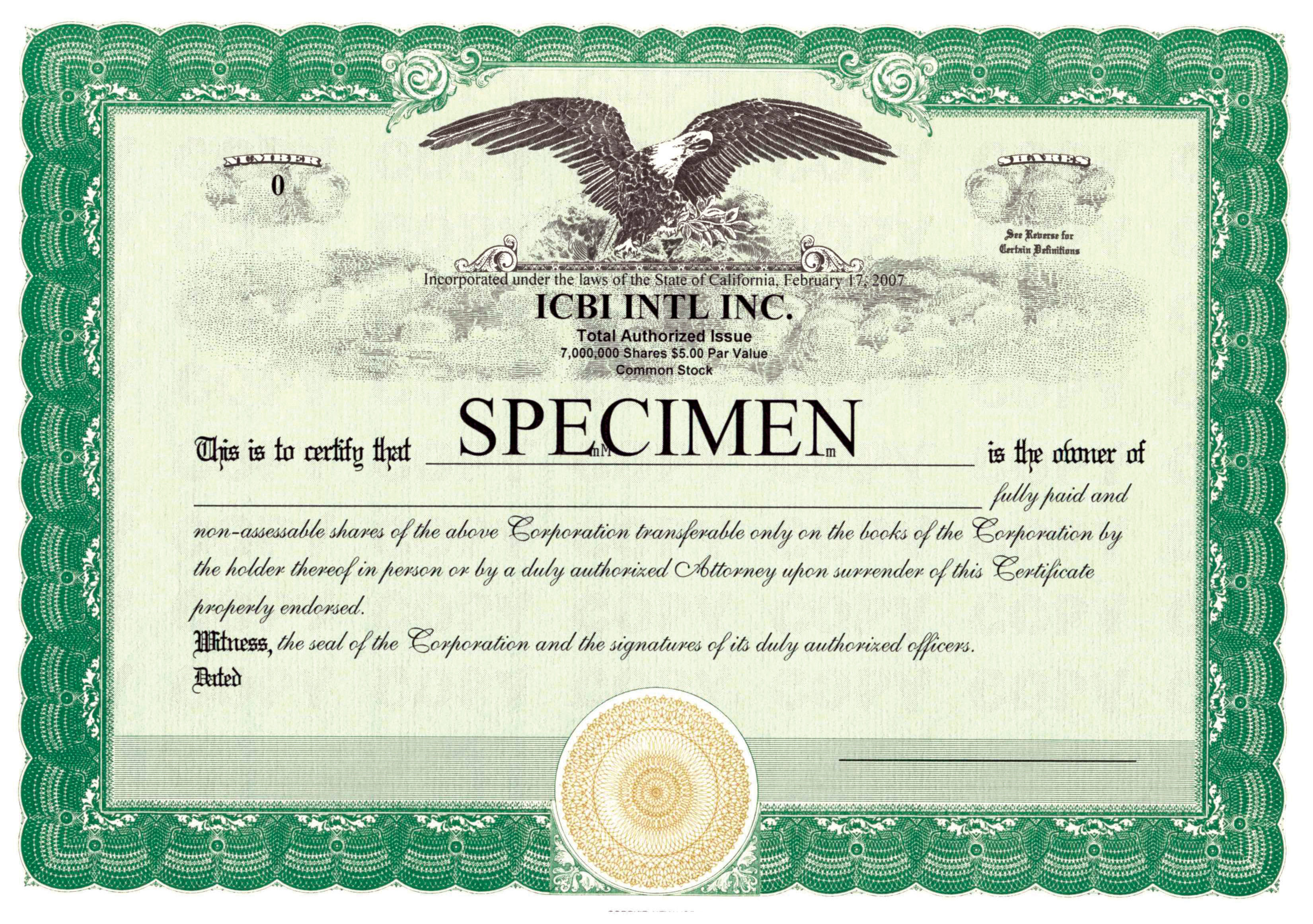 Fake ICBI Stock Certificate