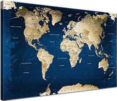LanaKK - Weltkarte Ocean mit Kork Rückwand - edel Leinwand Bild Kunstdruck auf Keilrahmen, Pinnwand für Weltenbummler 100 x 70 cm, einteilig
