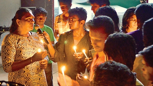 A transgender speaks out at a candlelight vigil organised by Srishti Madurai