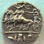 Syracusan coin, showing a chariot with maritime symbols, commemorating the naval victory. Bode-Museum, Berlin (Germany). Photo Jona Lendering.