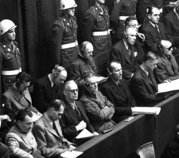 Nuremberg Trials.  Looking down on defendants' dock, ca.  1945-46.  (WWII War Crimes Records/National Archives)