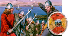 Vikings. Viking warriors hold swords and shields. 9th c. AD seafaring warriors raided the coasts of Europe, burning, plundering and killing. Marauders or pirates came from Scandinavia, now Denmark, Norway, and Sweden. European History
