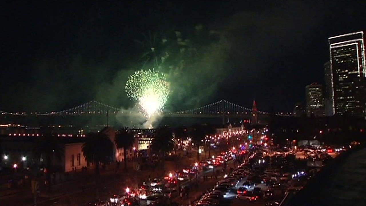 A New Years Eve fireworks show is seen in San Francisco, Calif. on December 31, 2015.