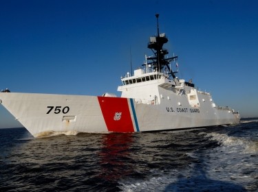 The first Legend-class national security cutter, Bertholf, performs sea trials in Mobile Bay, Alabama, February 8, 2008