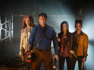 Lucy Lawless, Bruce Campbell, Ray Santiago, and Dana DeLorenzo in Ash vs Evil Dead (2015)