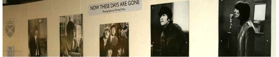 View of part of the Peto exhibition featuring Beatle photographs