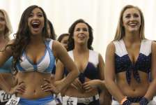 Houston Texans Cheerleading Tryouts participants react to a video at the beginning of the tryouts at Methodist Training Center Saturday, April 1, 2017, in Houston. ( Yi-Chin Lee / Houston Chronicle )