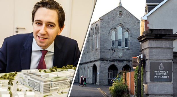 Simon Harris with a model of the new maternity hospital (left), and the Sisters of Charity