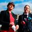 DUP leader Arlene Foster and deputy leader Nigel Dodds speak to the media on the grounds of Stormont Castle. Photo: PA