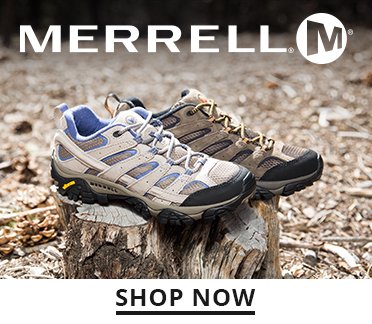 Merrell logo. Image of a mens and womens hiking shoe. Shop Now.