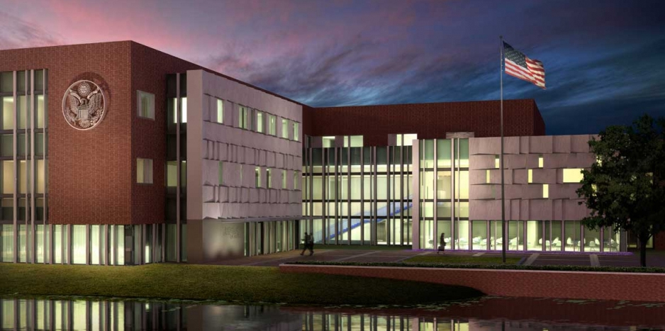 Impression of the building by night. Artist's Impression of New United States Embassy Campus in Wassenaar. Architect: Moore Ruble Yudell Architects, Santa Monica, California.