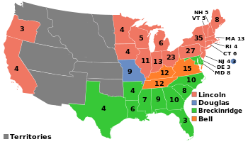 Map of the U.S. showing Lincoln winning the North-east and West, Breckinridge winning the South, Douglas winning Missouri, and Bell winning Virginia, West Virginia, and Kentucky.
