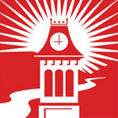 The school's logo shows the historic Old Main clock tower with the Monongahela River in the background