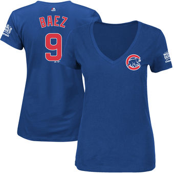 Women's Chicago Cubs Javier Baez Majestic Royal 2016 World Series Champions Name & Number T-Shirt