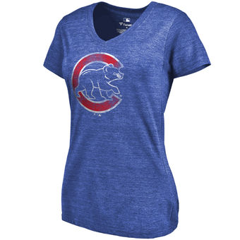 Women's Chicago Cubs Fanatics Branded Heathered Royal Primary Distressed Team Tri-Blend V-Neck T-Shirt