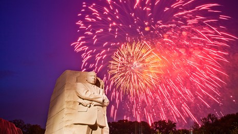 Fireworks going off behind the Martin Luther King, Jr. Memorial