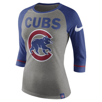 Women's Chicago Cubs Nike Heathered Gray Tri-Blend 3/4-Sleeve Raglan T-Shirt