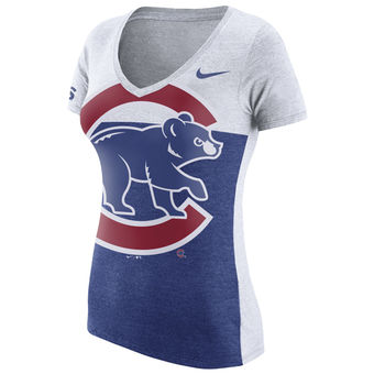 Women's Chicago Cubs Nike Royal Logo Blocked 1.6 Tri-Blend V-Neck T-Shirt