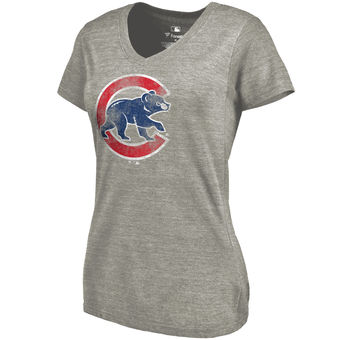 Women's Chicago Cubs Fanatics Branded Heathered Gray Primary Distressed Team Tri-Blend V-Neck T-Shirt