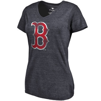 Women's Boston Red Sox Fanatics Branded Heathered Navy Primary Distressed Team Tri-Blend V-Neck T-Shirt