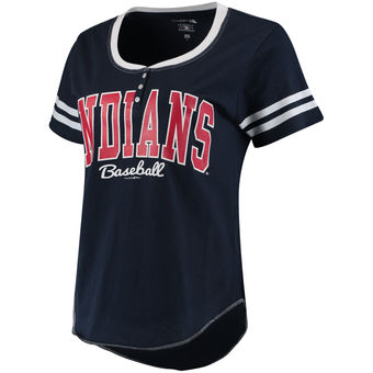 Women's Cleveland Indians 5th & Ocean by New Era Navy/White Slub Henley T-Shirt