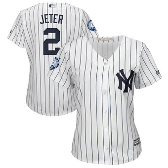 Women's New York Yankees Derek Jeter Majestic White/Navy Home Retirement Patch Official Cool Base Jersey