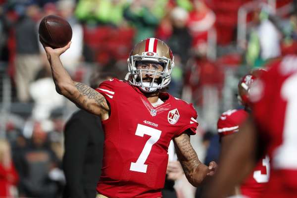 FILE - In this Sunday, Jan. 1, 2017, file photo, San Francisco 49ers quarterback Colin Kaepernick (7) warms up before an NFL football game against the Seattle Seahawks in Santa Clara, Calif. Talent or not, Kaepernick won't be setting foot on any NFL field very soon. (AP Photo/Tony Avelar, File)