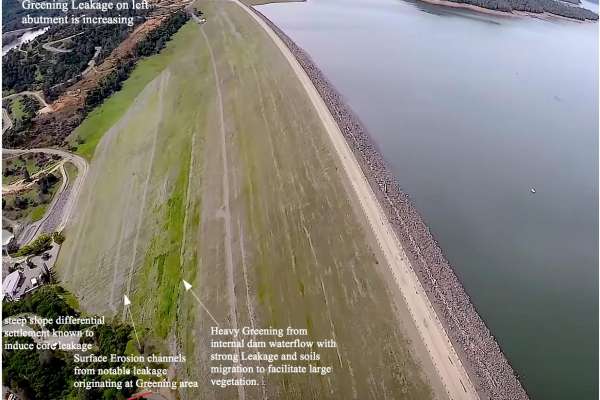 Robert Bea, a co-author of a report warning of a green spot near the Oroville Dam that broke earlier this year and a professor emeritus of engineering at Berkeley, sent over this image showing vegetation growing near the dam.