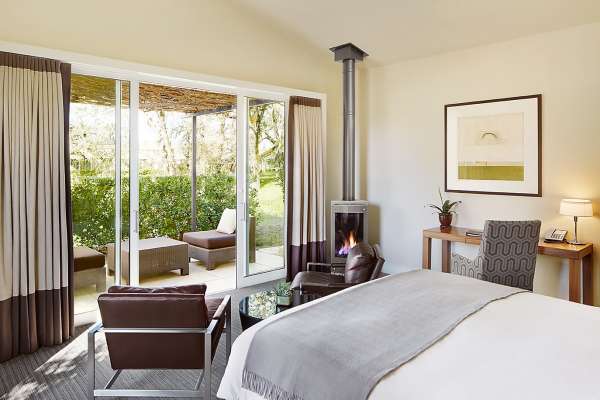 The 89 cottages at Solage in Calistoga come with roomy leather chairs and gas fireplaces, ideal for cocooning.