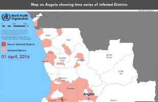 Map on Angola showing time series of infected districts December 2015 - April 2016