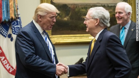 US President Donald Trump shakes hands with Senate Majority Leader Mitch McConnell as he meets with Republican congressional leaders in the Roosevelt Room at the White House in Washington, DC, on June 6, 2017.  