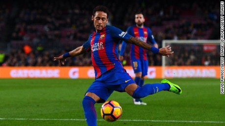 BARCELONA, SPAIN - MARCH 01:  Neymar Jr. of FC Barcelona shoots towards goal during the La Liga match between FC Barcelona and Real Sporting de Gijon at Camp Nou stadium on March 1, 2017 in Barcelona, Spain.  (Photo by David Ramos/Getty Images)