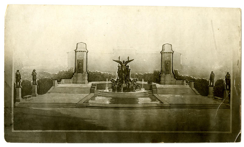 What would become the Littlefield Fountain was once envisioned as a larger gateway to UT, complete with 37-foot obelisks housing President Woodrow Wilson and Jefferson Davis.