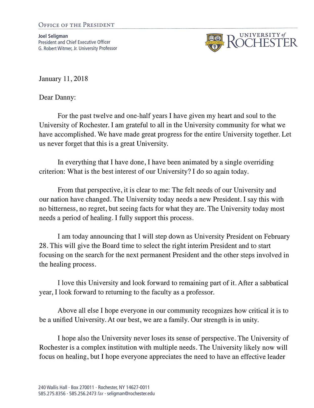 Letter from Joel Seligman, President and CEO, University of Rochester