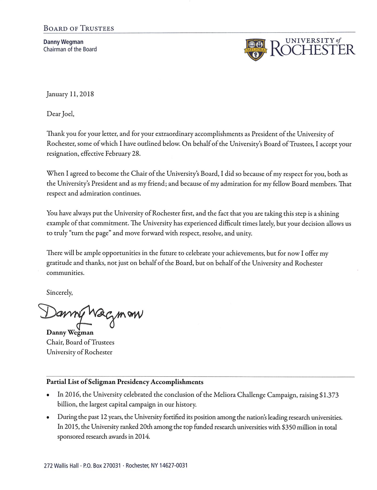 Letter from Danny Wegman, Chair, University of Rochester Board of Trustees