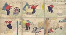 Thirteen panel comic strip shows Walt Wallet feeding, then chasing the turkey that he and baby Skeezix have raised for Thanksgiving dinner. By Frank King, 1921