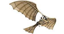 ornithopter. Airplane and Aircraft. 3D illustration of Leonardo da Vinci's plans for an ornithopter, a flying machine kept aloft by the beating of its wings; about 1490.