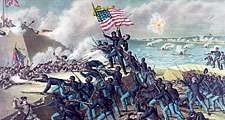 54th Massachusetts Regiment. "Storming Fort Wagner," by Kurz & Allison, c. 1890. Depicts the assault on the S.C. fort on 7/18/1863. American Civil War, 54th Regiment Massachusetts Infantry, 1st all African-American regiment, black soldiers, black history