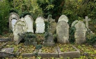 Old tombstones in Highgate Cemetery, London, England, 