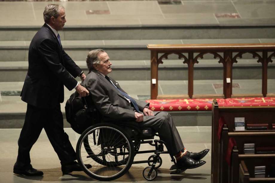 Former Presidents George W. Bush, left, and George H.W. Bush arrive at St. Martin's Episcopal Church for a funeral service for former first lady Barbara Bush, Saturday, April 21, 2018, in Houston. Photo: David J. Phillip, AP / Associated Press