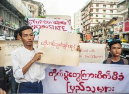 Students join in a demonstration against Kachin State fighting, in Kamaryut township of Yangon on Wednesday. Phoe Wa/The Myanmar Times