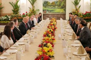 The American delegation, led by US President Donald Trump, having lunch with Singapore's leaders, led by Prime Minister Lee Hsien Loong, at the Istana, on June 11, 2018.