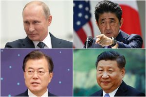 (Clockwise from top left) Russian President Vladimir Putin, Japanese Prime Minister Shinzo Abe, Chinese President Xi Jinping and South Korea's President Moon Jae In, who are jostling for a piece of the action at the Trump-Kim summit.