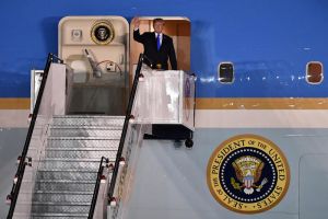US President Donald Trump arriving at Paya Lebar Airbase on June 10, 2018.